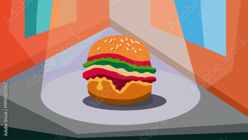 hamburger on table, flat vector illustration