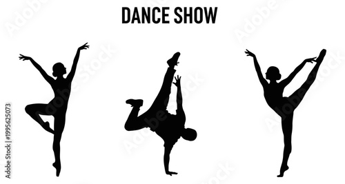 Diverse dancers in silhouette performing ballet and breakdance styles during a show