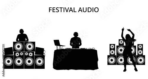 DJ performing with sound system and dancing crowd at a music festival event