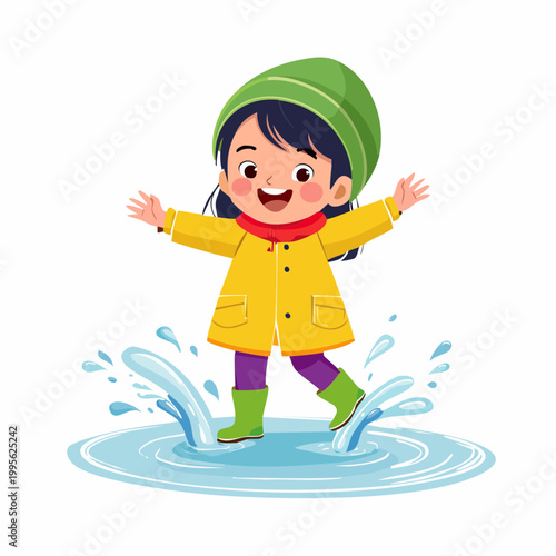 Happy Girl Jumping in Puddles