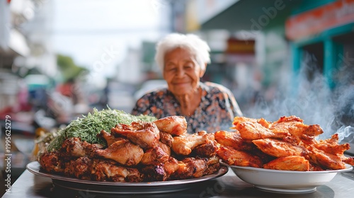 Delicious Street Food Feast with Elderly Woman Enjoying Fried Chicken