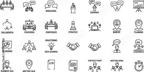 Business meeting and conference line icons set featuring discussion, seminar, planning, collaboration, strategy, presentation, and corporate communication concepts