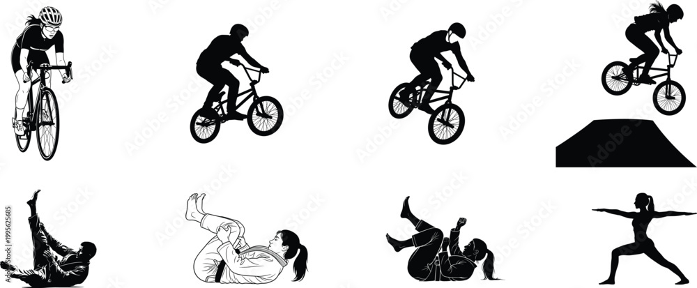 Fototapeta premium Bmx and mountain bike riders in dynamic silhouette illustrations