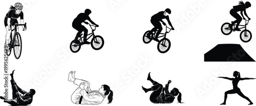Bmx and mountain bike riders in dynamic silhouette illustrations