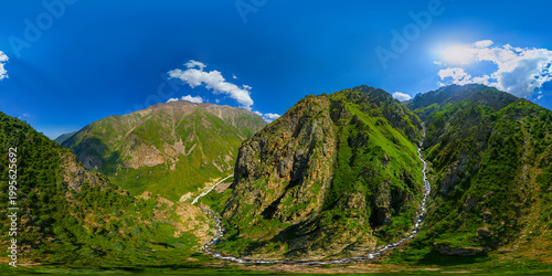 Photography Panoramic equirectangular aerial view of majestic green mountains and river vall