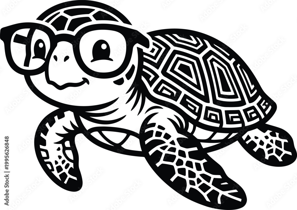 Fototapeta premium Adorable sea turtle wearing glasses mascot character logo black and white vector illustration for creative designs.