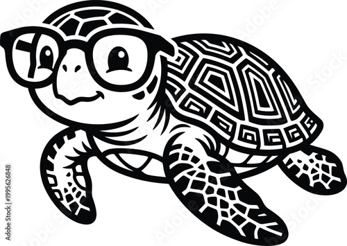 Adorable sea turtle wearing glasses mascot character logo black and white vector illustration for creative designs.