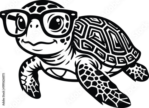 Cute sea turtle wearing glasses minimalist black and white vector illustration for sticker and decal design.