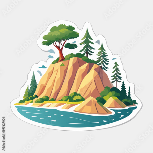 Stylized Island Landscape with Rocky Hill and Trees