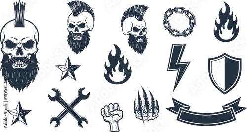 Punk Skull Beard Icons Set with Rebel Symbols