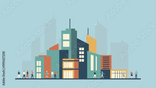 A vibrant illustration of a modern city skyline with diverse buildings and tiny people walking along the street.