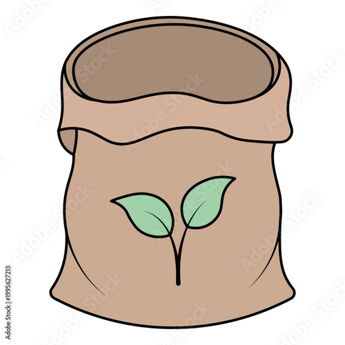 Empty canvas peat bag. Brown soil bag. Color vector illustration. Isolated on white background. The label features a sprout with green leaves. Idea for web design.