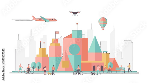 A vibrant cityscape illustration featuring abstract geometric buildings, people enjoying outdoor activities, and various modes of transportation.