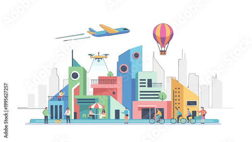 Vibrant cityscape illustration featuring futuristic transportation and modern architecture with people enjoying urban life.