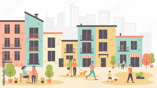 A vibrant illustration of a diverse community enjoying a sunny day in a colorful urban neighborhood with modern buildings and green spaces.