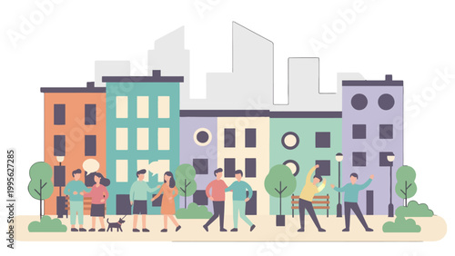 Diverse group of people enjoying a sunny day in a vibrant urban neighborhood with colorful buildings and trees.
