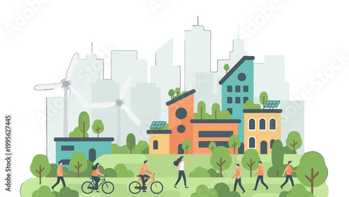 Illustration of a sustainable city with green buildings, renewable energy sources, and people enjoying outdoor activities.