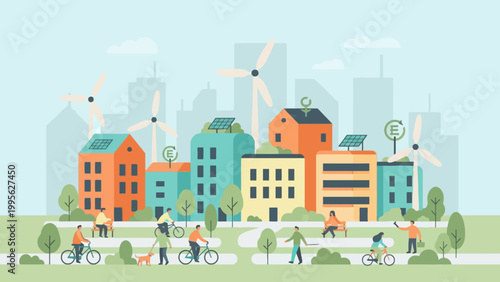Illustration of a sustainable city with renewable energy sources and people enjoying outdoor activities.