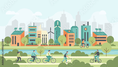 Illustration of a sustainable city with green buildings, solar panels, wind turbines, and people cycling and jogging.