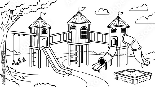 Outdoor playground with multiple towers slides swings sandbox area playground equipment playground children