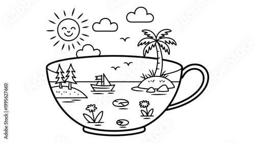 Doodle illustration of a tranquil scene inside a mug a sailboat on water with a tropical island palm tree