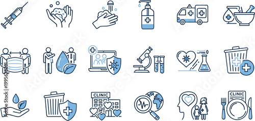 Medical hygiene and healthcare protection icon set featuring sanitation, vaccination, laboratory testing, infection control, and clinical safety concepts