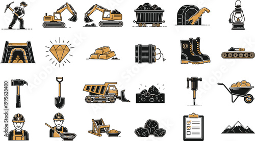 Mining and construction flat icons set featuring excavation, heavy machinery, minerals, safety gear, industrial tools, and resource extraction concepts