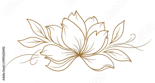 Elegant golden lotus flower with leaves and swirls in delicate line art style