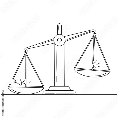 Broken scale of justice line art illustration representing legal failure and inequality isolated on white background