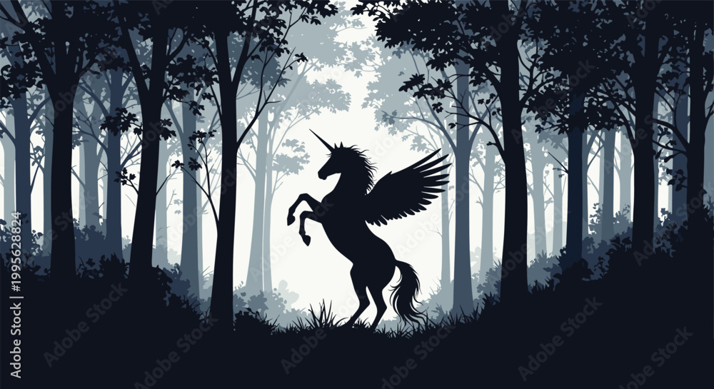 Fototapeta premium Dark silhouette of a majestic winged unicorn standing in a dense magical forest with morning light filtering through the trees.