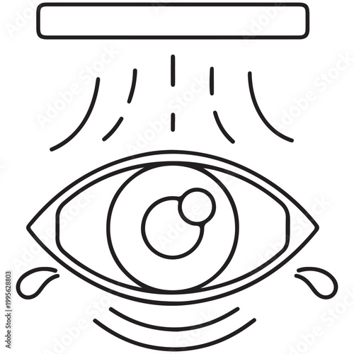 Human eye with light rays and tears line art illustration isolated on white background