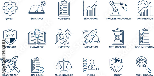 Quality management and process optimization icons set featuring efficiency, compliance, audit, standards, benchmarking, and continuous improvement concepts