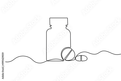 Medicine bottle and pills continuous one line drawing minimalist vector illustration