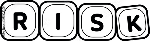 Retro game dice blocks spelling risk on a clean background