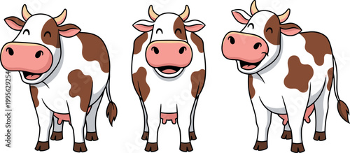 Happy Cartoon Brown and White Cows Vector Set for Farm, Animal, and Agriculture Designs