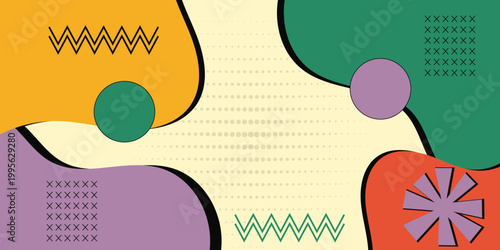 Retro Memphis Abstract Background with Organic Shapes and Bold Geometric Elements, Colorful 90s Style Pattern Vector Illustration