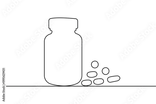 Medicine bottle and pills continuous one line drawing minimalist vector illustration