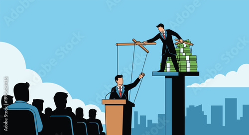 Political businessman on a podium being manipulated like a puppet by a wealthy figure standing on stacks of cash for corruption theme.