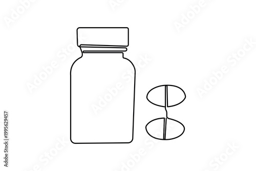 Medicine bottle and pills continuous one line drawing minimalist vector illustration