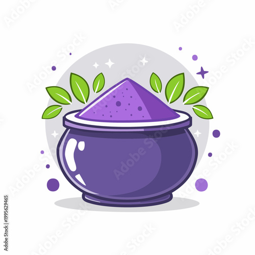Purple Powder in a Cauldron with Green Leaves