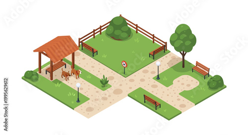 Isometric vector art showcases a recreational park design, presenting garden ornaments, ponds, and trees with character icons, conveying a serene and inviting atmosphere against a clean