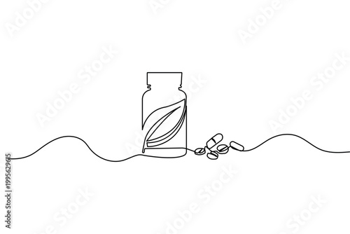 Medicine bottle and pills continuous one line drawing minimalist vector illustration
