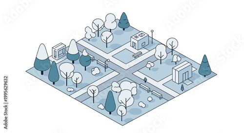 Isometric vector art showcases a recreational park design, complete with winding paths, stylized trees, and serene ponds, set in a cool, muted blue palette against a clean, minimalist