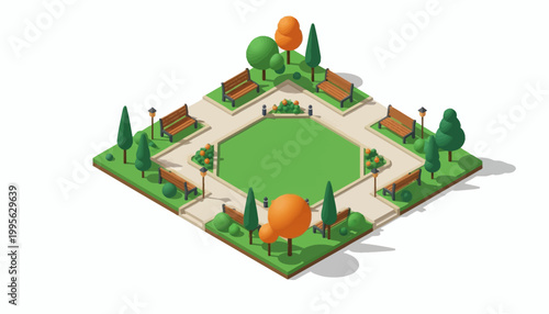 Isometric vector art of a vibrant recreational park featuring walking paths and trees, complete with benches and garden ornaments around a central lawn, rendered in a clean, modern design