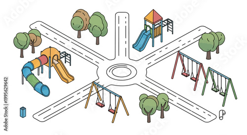 Isometric vector art depicts a recreational park with swings, slides, and trees surrounding a central roundabout, rendered with a clean, outlined visual style and a cheerful, inviting mood