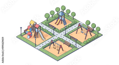 Isometric illustration showcasing a vibrant recreational park design, complete with playgrounds, swings, ponds, and garden ornaments against a white background, rendered in a clean, vector