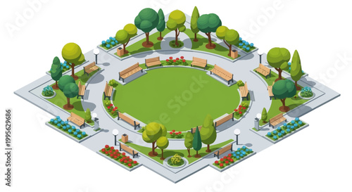 Isometric vector illustration of a recreational park showcasing people enjoying the green space, featuring trees, garden ornaments, ponds, and waterfalls, set against a clean white