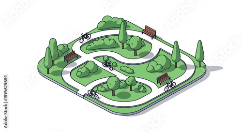 Isometric vector illustration of a recreational park featuring people riding bikes along winding paths, dotted with trees, benches, and garden ornaments, set against a clean white backdrop