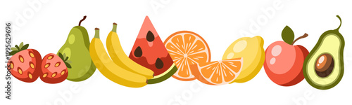 Vector horizontal composition of bright fruits in a flat style. Includes strawberry, pear, bananas, watermelon, orange, lemon, apple, and avocado arranged in a row. Perfect for website header design, 