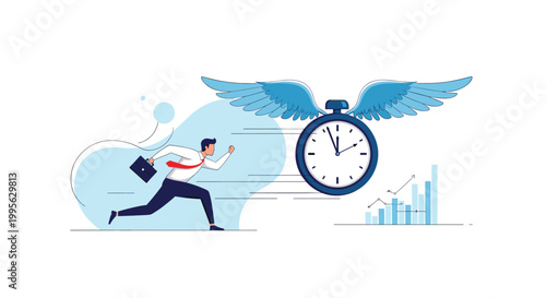 Determined businessman carrying a briefcase while running against a winged flying clock for deadline and time management concepts.